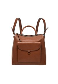 Sac à dos en cuir marron avec une forme structurée, une poignée supérieure, des bretelles ajustables, une fermeture éclair et une poche avant avec un fermoir en ton doré.
