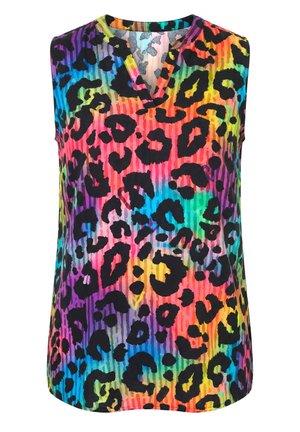 Blouse sans manches à col en V avec texture côtelée, avec un fond arc-en-ciel multicolore et un motif léopard noir audacieux.