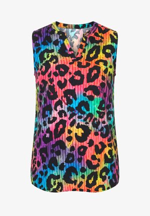 Blusa senza maniche con scollo a V e texture a coste, con uno sfondo arcobaleno multicolore e una fantasia leopardata nera audace.