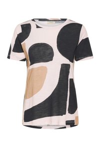 Tricou cu mânecă scurtă dintr-un material roz deschis, cu forme abstracte mari în culori negre și bej, guler rotund și croială relaxată.