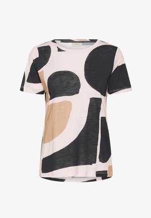 Kortærmet t-shirt i en lyserød stof med store sorte og beige abstrakte former, rund halsudskæring og afslappet pasform.