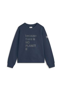 Sudadera azul marino con cuello redondo y mangas largas. Presenta un texto en gris claro que dice "porque no hay un PLANETA B".