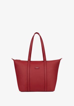 Red leather tote bag with two long handles, zip closure, and contrasting stitching details on the front and sides. Smooth texture.