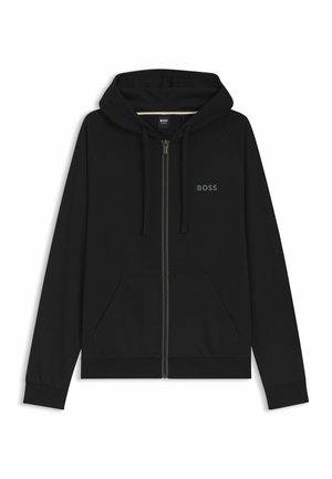 Sweat à capuche noir zippé avec poches avant, capuche à cordon de serrage et logo "BOSS" sur la poitrine gauche.