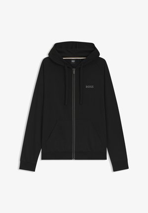 Zwarte hoodie met rits, voorzakken, trekkoordkap en "BOSS"-logo op de linkerborst.