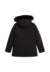 Cappotto invernale nero visto da dietro con cappuccio rifinito in pelliccia sintetica nera, maniche lunghe e orlo dritto.