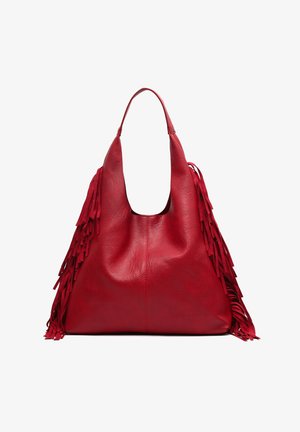 Borsa in pelle rossa dal design morbido e con lunghe frange su un lato. Texture morbida e manico largo per il trasporto.
