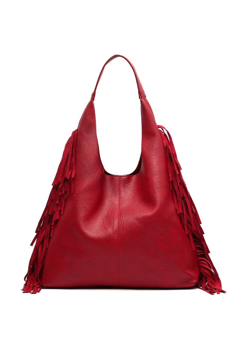 Rode leren tas met een slordig ontwerp en lange franjes aan één zijde. Zachte textuur en brede handgreep om te dragen.