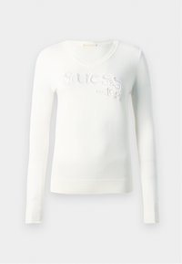 Maglione bianco a maglia con scollatura a V, maniche lunghe e dettagli ricamati "Guess est. 1981" con accenti lucidi sulla parte anteriore.