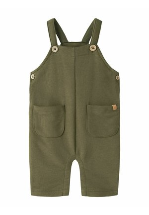 Combinaison bébé sans manches vert olive avec bretelles réglables, deux poches avant et détails de boutons en bois sur fond blanc.