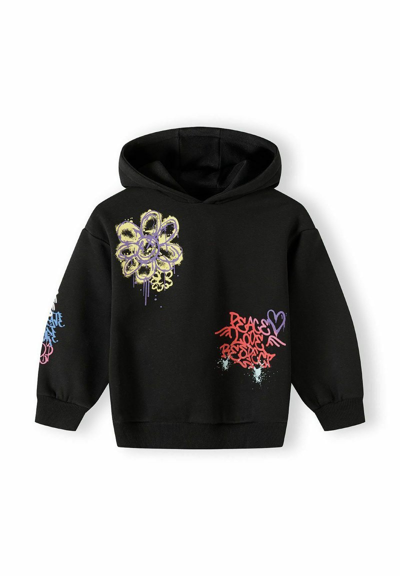 Hoodie noir avec une poche kangourou à l'avant, arborant des designs colorés de style graffiti en violet, rouge et bleu sur la poitrine et les manches.