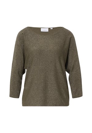 Długi rękaw w oliwkowej zieleni z delikatnym połyskiem, okrągły dekolt i luźny krój.