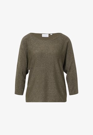 Długi rękaw w oliwkowej zieleni z delikatnym połyskiem, okrągły dekolt i luźny krój.