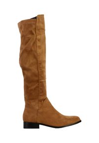 Knæhøj brun ruskindsstøvle med en glat tekstur, let afrundet tå og en flad sort sål. Fleksibel overdel med en tætsiddende silhuet.