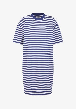 Robe à manches courtes avec des rayures horizontales bleu marine et blanches et un col rond bleu marine.