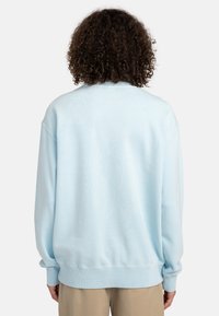 Lyseblå sweatshirt lavet af blødt stof, med rund hals og droppede skuldre. Ribstrikkede manchetter og bund, simpelt design uden mønstre.