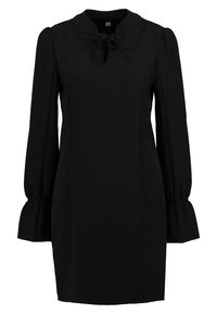 Robe noire à manches longues avec poignets bouffants et petit décolleté goutte d'eau devant, noué avec un nœud.