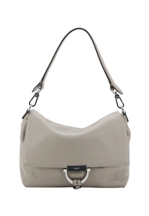 Graue Lederhandtasche mit geschwungener Form, verstellbarem Riemen und metallischen Beschlägen mit einem runden Akzent. Weiche Textur, stilvolles Design.