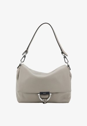 Grey leather handbag with a curved shape, adjustable strap, and metallic hardware featuring a circular accent. Soft texture, stylish design.