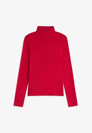 Haut en col roulé rouge en tissu lisse, avec des manches longues, une silhouette ajustée et un col haut, sans motifs ni accents.