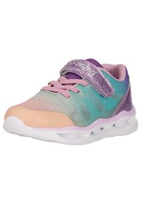 Multifarvet sneaker med mesh-overdel, der har lyserøde, turkise og lavendel accenter. Polstret sål med gennemskinnelige sektioner og justerbar rem.