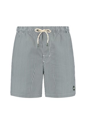 Costumi da bagno a righe in navy e bianco con vita elastica, coulisse, tasche laterali e un piccolo logo sulla parte inferiore.