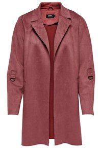 Abrigo de ante sintético color rosa, con cuello, frente abierto y mangas largas que cuentan con acentos de tiras. Textura suave, diseño de longitud media.