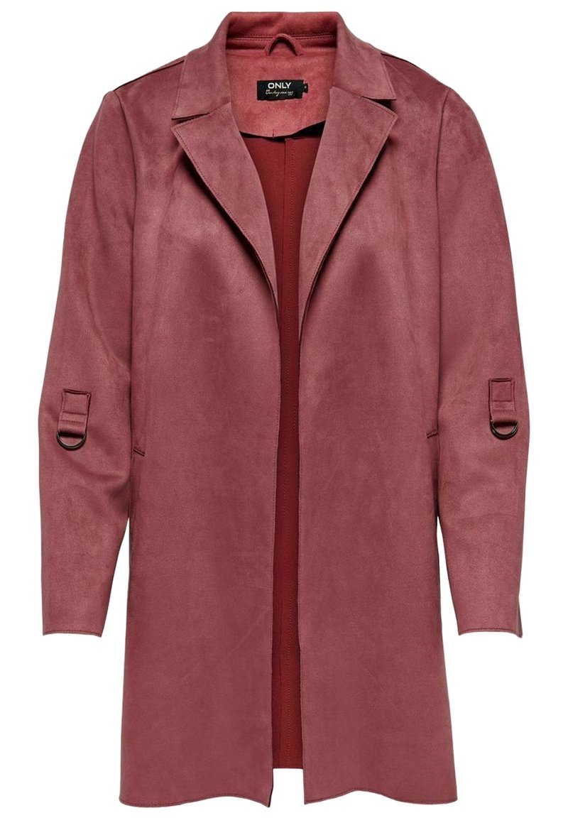Abrigo de ante sintético color rosa, con cuello, frente abierto y mangas largas que cuentan con acentos de tiras. Textura suave, diseño de longitud media.