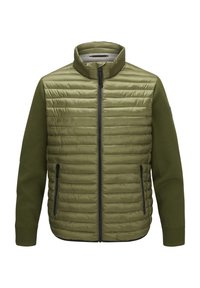 Olivgrüne Jacke mit einem puffigen, gesteppeten Oberteil und glatten, gestrickten Ärmeln. Sie verfügt über einen Stehkragen und zwei Reißverschlusstaschen auf der Vorderseite.