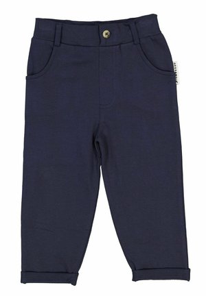 Navy siniset puuvillahousut napin sulkemisella, kahdella etutaskulla, käännetyillä lahkeilla ja kontrastivärillä ommeltuna. Pehmeä rakenne, rento muotoilu.