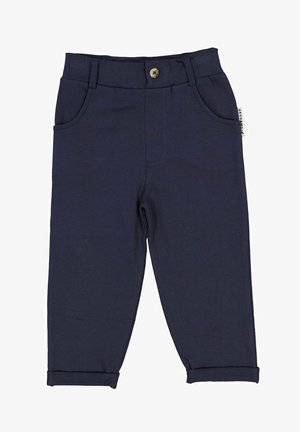 Navy siniset puuvillahousut napin sulkemisella, kahdella etutaskulla, käännetyillä lahkeilla ja kontrastivärillä ommeltuna. Pehmeä rakenne, rento muotoilu.