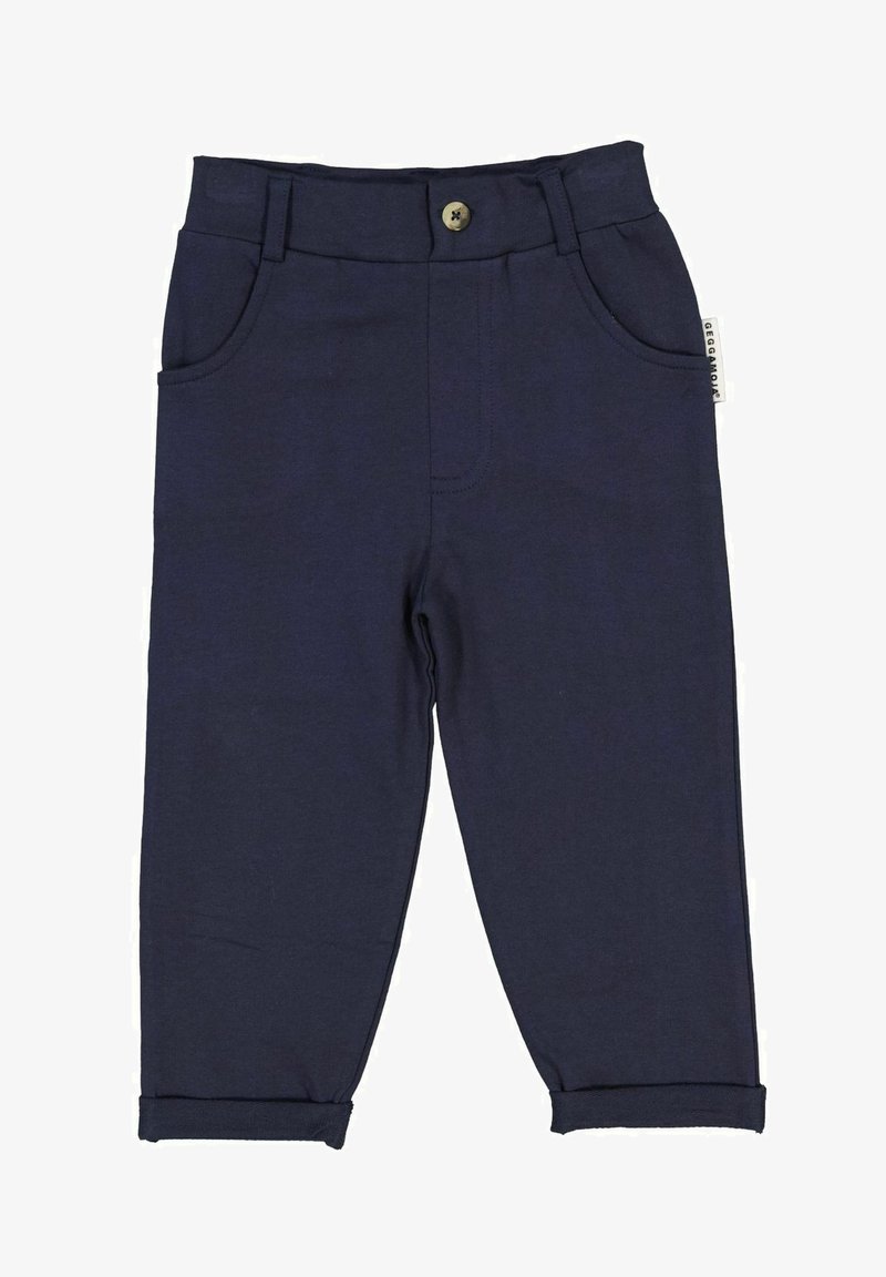 Navy siniset puuvillahousut napin sulkemisella, kahdella etutaskulla, käännetyillä lahkeilla ja kontrastivärillä ommeltuna. Pehmeä rakenne, rento muotoilu.