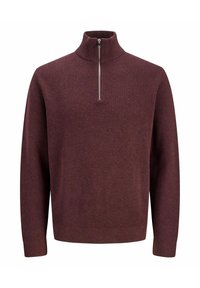 Pull en maille bordeaux à manches longues avec un col montant et une courte fermeture éclair argentée au centre devant.