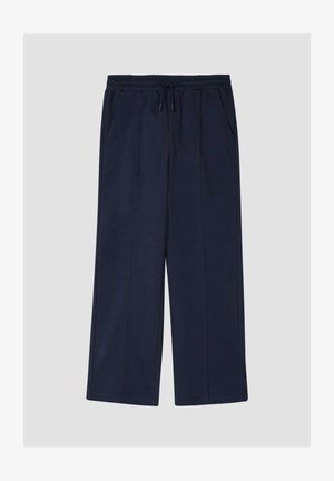 Pantalon large bleu marine avec taille élastique, cordon de serrage et poches latérales, présenté à plat sur un fond clair.