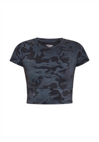 Kurzärmliges, athletisches T-Shirt im dunkelblauen Camouflage-Muster, aus dehnbarem Stoff, mit rundem Ausschnitt.
