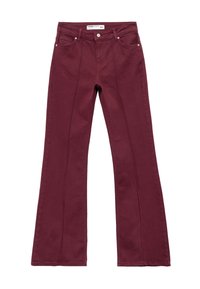 Bordeauxfarvede flared jeans lavet af bomuld, der har et klassisk fem- lomme-design, synlige søm og en lynlås med knaplukning.