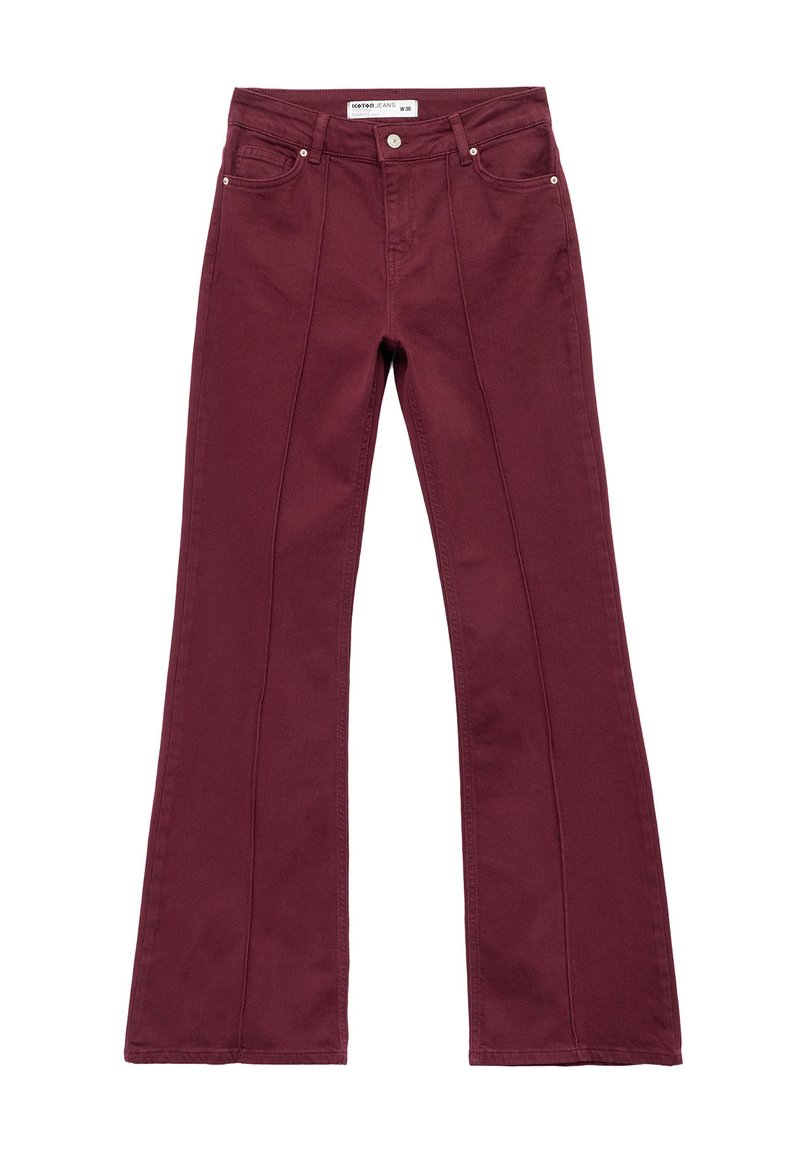 Bordeauxfarvede flared jeans lavet af bomuld, der har et klassisk fem- lomme-design, synlige søm og en lynlås med knaplukning.