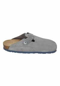 Gray suede slip-on clog with a cork insole, rounded toe, and navy rubber sole. Features a side strap with a circular metal accent.