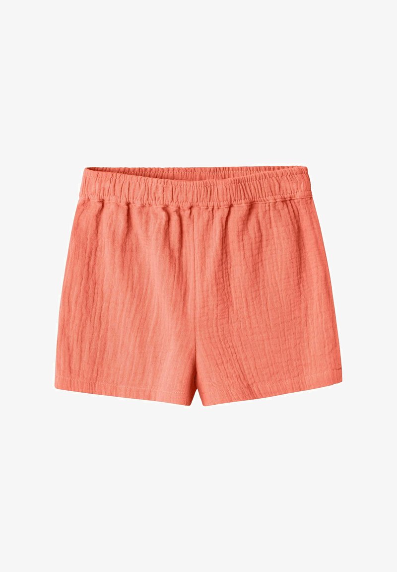 Shorts corail en tissu texturé avec une taille élastique. Conception décontractée et longueur mi-cuisse.