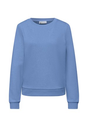 Sudadera lisa azul claro con cuello redondo, mangas largas y puños y dobladillo acanalados, mostrada sobre un fondo blanco.