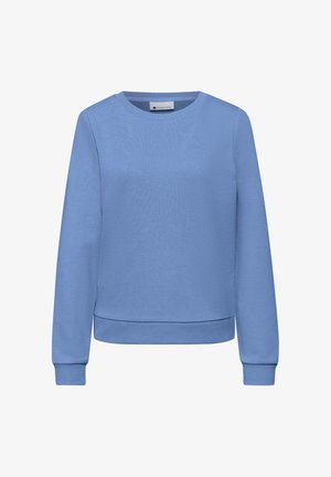 Ensfarvet lyseblå sweatshirt med rund hals, lange ærmer og ribbet kant ved ærmer og bund, vist mod en hvid baggrund.