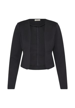 Blazer corto negro con mangas largas, frente abierto y hombros estructurados, diseñado para la vestimenta formal de mujeres.