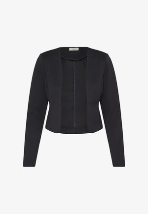 Blazer corto negro con mangas largas, frente abierto y hombros estructurados, diseñado para la vestimenta formal de mujeres.