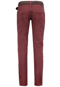 Maroon trousers with a smooth texture, featuring a woven belt, two back pockets with buttons, and a slim, straight leg design.