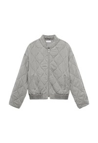 Chamarra bomber acolchada de color gris claro con costuras onduladas, cremallera frontal completa, bolsillos laterales, cintura elástica y cuello sin solapas.