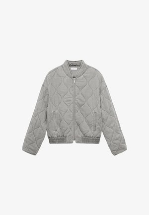 Giacca bomber trapuntata grigia chiara con cuciture ondulate, zip frontale completa, tasche laterali, vita elastica e colletto senza colletto.
