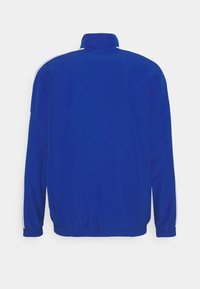 Blaues Sportjackett mit hohem Kragen, elastischen Bündchen und seitlichen Streifen. Aus glattem Stoff mit lockerer Passform und schlichtem Rückendesign gefertigt.