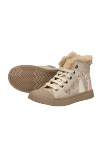 Beige hoge sneakers met een bontkraag, voorzien van paillette-accenten, meerkleurige patches en een gestructureerde rubberen zool.