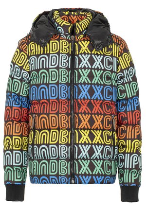  gepolsterte Jacke mit schwarzem Hintergrund, der farbenfrohe, auffällige Textmuster in Rot, Gelb, Grün, Blau und Orange zeigt. Schwarzer Reißverschluss und Bündchen.