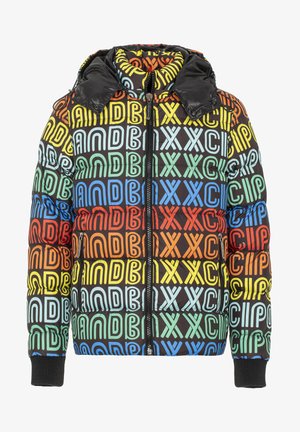 Gevoerde jas met een zwarte achtergrond en kleurrijke, gedurfde tekstpatronen in rood, geel, groen, blauw en oranje. Zwarte rits en manchetten.